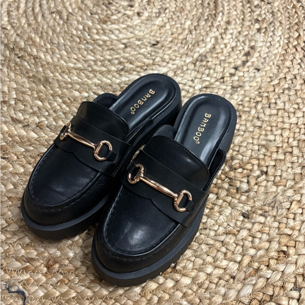 BAMBOO Black Mules with Gold Accent